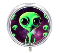 Green Alien Pill Box Medicine Pill Organizer 3 Compartment Daily Pill Case Small Pill Container Round Pill Holder Travel Pill Box Metal Pill Case for Purse Pocket