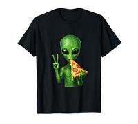 Green Alien Pizza Peace Sign Extraterrestrial Sci-Fi Funny T-Shirt