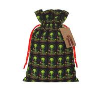 Green Alien Print Christmas Bag Drawstring Sack For Presents Xmas Seasonal Decor Gift Party Supplies