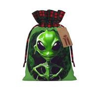 Green Alien Print Festive Christmas Drawstring Gift Bags For Xmas Decorative Present Wrapping Needs