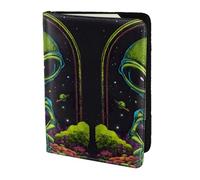 Green alien print Leather Card Case Travel Accessories Passport Holder Cover Wallet for Women Men, Black, One Size