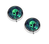 Green Alien -Print Portable Round Pill Box - Stylish Round Pill Organizer for Travel Compartments Gift for Medication Management