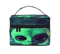 Green Alien -Print Waterproof Large Cosmetic Bag for Travel & Gym, Makeup Organizer with 4 Elastic Straps & Compartments,Premium Twill Fabric.