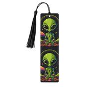 Green Alien Print Wooden Bookmarks with Tassels, Wood Book Markers for Book Lovers, Teachers & Present