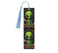 Green Alien Print Wooden Bookmarks with Tassels, Wood Book Markers for Book Lovers, Teachers & Present