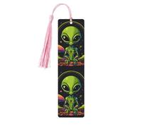 Green Alien Print Wooden Bookmarks with Tassels, Wood Book Markers for Book Lovers, Teachers & Present