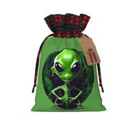 Green Alien Print Xmas Drawstring Eco-Friendly Gift Bags For Christmas Party Wrapping Present Needs