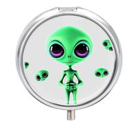 Green Alien Printed Pill Box Pill Container Portable Medicine Pill Case Metal Travel Pill Box Vitamin Container with 3 Compartment Medicine Case