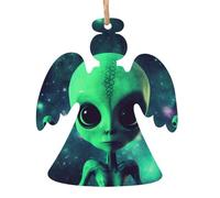 Green alien Printed Wooden Christmas Ornaments - 4 Shapes Options: Angel, Bell, Tree, Snowman | Eco-Friendly Carved Wood for Xmas Tree Decor with Hemp Cord | 1,2,4,6-Pack