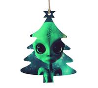 Green alien Printed Wooden Christmas Ornaments - 4 Shapes Options: Angel, Bell, Tree, Snowman | Eco-Friendly Carved Wood for Xmas Tree Decor with Hemp Cord | 1,2,4,6-Pack