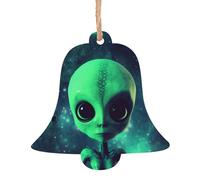 Green alien Printed Wooden Christmas Ornaments - 4 Shapes Options: Angel, Bell, Tree, Snowman | Eco-Friendly Carved Wood for Xmas Tree Decor with Hemp Cord | 1,2,4,6-Pack