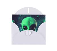 Green alien Prints Pearl Paper Horizontal Festival Greeting Card for Birthday Cards and All Occasions, White