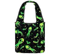 Green Alien Space Pattern Canvas Tote Bag for Women, Medium Reusable Grocery Totes Washable and Eco-friendly