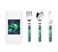 Green Alien Three-Piece Set of Children's Cutlery-Safe and Durable Plastic Pp+430 Stainless Steel, Suitable for Kindergartens, Picnics, Birthday Parties and Other Scenes.