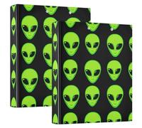Green Aliens Black 1-1/2 Inch Binders 3 Ring Round Ring Binder with Anti-Slip Clip Basic Binder Notebook for Work School Office, 2 Pack