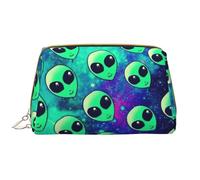 Green Aliens Leather Hand-Held Zipper Makeup Bag Pen Case Stationery Box Lipstick Pouch Toiletry Bag