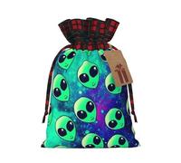 Green aliens Print Christmas Drawstring Gift Bags,Gifts Wrapping Bag for Xmas Birthday Holiday Party
