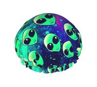 Green aliens Print Double Layer Waterproof Shower Cap Women Men Reusable Bath Hair Caps Elastic Band