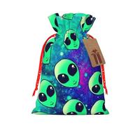 Green aliens Print Drawstring linen gifts bag for Christmas Party,holiday packaging presents bags.