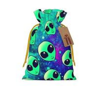 Green aliens Print Drawstring linen gifts bag for Christmas Party,holiday packaging presents bags.