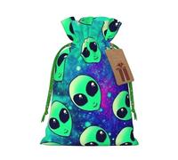 Green aliens Print Drawstring linen gifts bag for Christmas Party,holiday packaging presents bags.