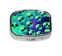 Green Aliens Print Pill Case Portable Square Pill Box with 2 Compartments,for Purse Pill Box Travel Bag