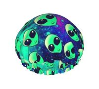 Green Aliens Print Shower Cap For Women Lightweight Reusable Softdouble Waterproof Layers Leakproof.