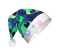 Green Aliens Print Unisex Led Light-Up Santa Hat, Novelty Plush Christmas Party Cap For Adults