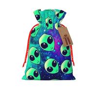 Green Aliens Printed Drawstring Plaid Linen Gift Bag Chic & Festive Gift Packaging For Party Decor