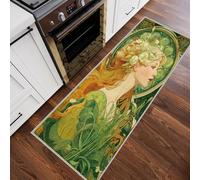 Green Alphonse Mucha Runner Rugs for Hallway 60x220, Vintage French Woman Runner Rug, Art Nouveau Non-Slip Kitchen Mats, Washable Low Pile Carpet for Bedroom Living Room Entrance Decor （Ydf236J）
