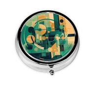 Green and Beige Drawing Pill Box with Mirror, 3 Compartment Small Pill Case for Purse Or Pocket Mini Metal Pill Holder Travel Weekly Medicine Tablet Vitamin Holder Organizer Travel Gifts