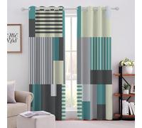 Green And Beige Linear Plaid Blackout Curtain W 52" x L 54" Simple Aesthetic Art Thermal Insulated Energy Saving Eyelet Room Darkening Curtains for Bedroom living room office 2 Panels