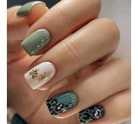Green and Black Leopard Print Press On Nails - 24Pcs Glossy Square Acrylic False Nails with Nude and Gold Accent - Stylish Stick On Nail Art Tips for Parties, Weddings, and Daily Wear