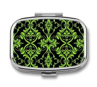 Green and Black Pattern Travel Pill Organizer - Daily Pill Box to Hold Vitamins, Portable Pill Case Cod Liver Oil Storage Box with 2 Compartment for Pocket Purse