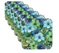 Green and Blue Hibiscus Flowers Leather Coasters for Drinks Set of 6 Heat Resistant Bar Coaster Square Cup Mat Pad Cute Cup Coaster for Home Decor Gifts