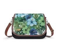Green And Blue Hibiscus Flowers Shoulder Bag for Women PU Leather Crossbody Purse with Adjustable Strap Small Purse Cute Clutch Hobo Handbag