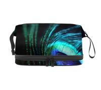 Green and Blue Peacock Feather Double Layer Cosmetic Bag for Women and Girls, Travel Toiletry Bag Makeup Handy Pouch Organiser Bag with Brush Compartment