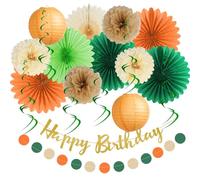 Green and Orange Birthday Decorations Autumn Birthday Party Decorations Fall Orange and Yellow Birthday Decorations Paper Fans Lanterns Pom Poms with Paper Garland Circle Dots for Girls Women