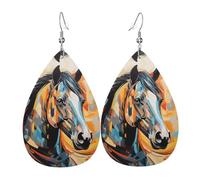 Green And Orange Horses Teardrop Leather Earrings, Women'S Accessories, Versatile Earrings Suitable For Commuting And Travel.