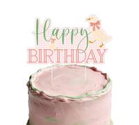 Green and Pink Plaid Bow Goose Happy Birthday Cake Topper - Silly Goose Farm Animal Theme Dessert Decor for Toddler Birthday Party Supplies