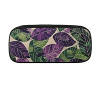 Green And Purple Leaves Pencil Case Waterproof Leather Pencil Pouch Multi-purpose Aesthetic Makeup Bag Cute Pen Bag Large Cosmetic Bag for Office Stationery, Travel
