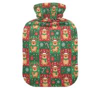 Green and Red Teddy Bear Christmas Pattern Hot Water Bottles with Soft Cover, 1L Hot Water Bag for Neck Shoulder Warmer