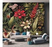Green and Red Wallpaper, Tropical Leaf Hibiscus Wallpaper for Living Room, Bedroom, Non-Woven Decor Wall Paper, Photo Mural Dining Room, Hallway, Lounge, 300 x 210 cm Qii20