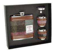 Green and Rose Pink Tartan Harris Tweed 6oz Stainless Steel Hip Flask Cup Set