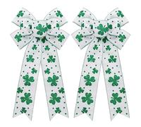 Green and White Bow for St. Patricks Day Front Door, 2 x White/Green Glittering Clover Bow - Large Tree Top Bows, Irish Front Door Decoration 11.4 x 19.6 Inches
