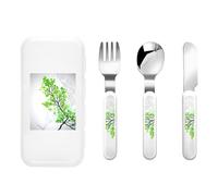 Green and White Leaf Three-Piece Set of Children's Cutlery-Safe and Durable Plastic Pp+430 Stainless Steel, Suitable for Kindergartens, Picnics, Birthday Parties and Other Scenes.