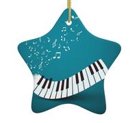 Green And White Piano Keys Double-Sided Printed Ceramic Star Christmas Ornament With Gold Hanging Cord-Festive Holiday Decoration For Home,Store, Christmas Tree
