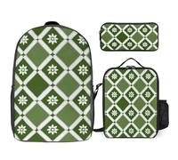 Green Argyle 3 Pieces Set Laptop Backpack Casual Daypack with Lunch Box Pencil Case for Travel