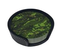 Green Army Digital Camouflage Coasters For Drinks, 6 Pcs Leather Coaster With Holder, Round Cup Mat Pad Set For Home And Kitchen 3.9 Inches
