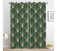 Green Art Deco Curtains, Feather Pattern Blackout Curtain 54 Inch Long, Retro Elegant Eyelet Curtains for Bedroom & Living Room, Thermal Insulated Drapes 2 Panels Nu396